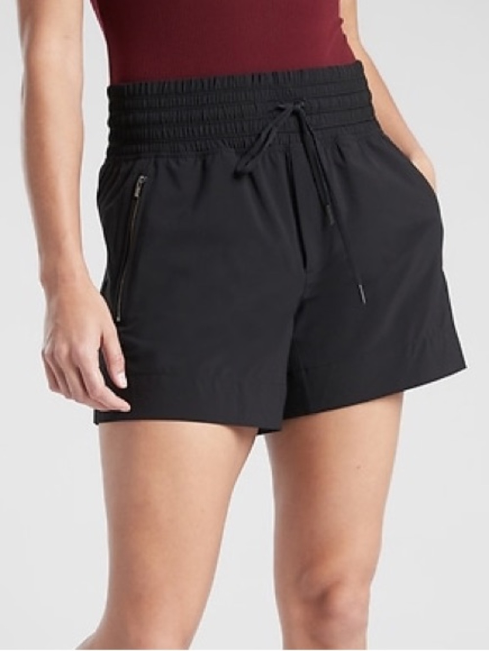 Athleta Black Smocked-Waist Athletic Shorts with Zipper Pockets